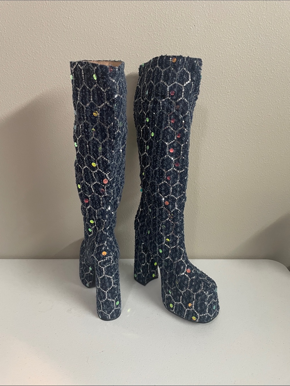 Navy Sequined Over-the-Knee Platform Boots